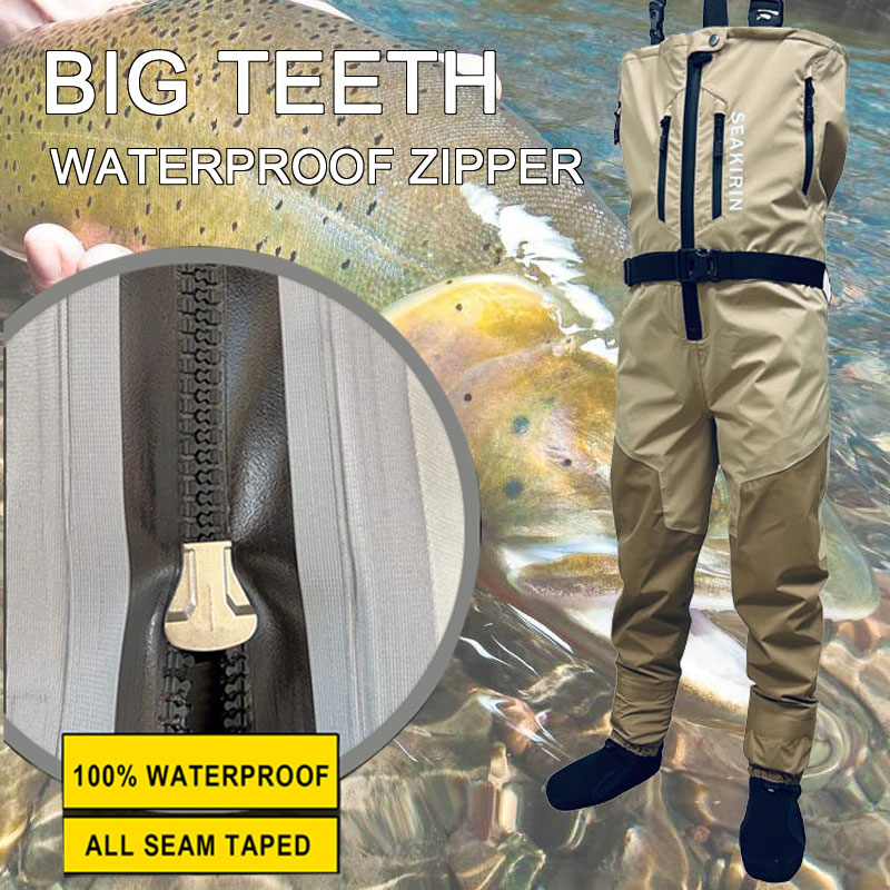 Fishing Pants Waterproof - ジップフロント通気性スタウトチェストフィッシングウェーダー防水ジッパー付きビッグアンドトールストッキングフットウェーディングパンツ男性用、溶接シーム